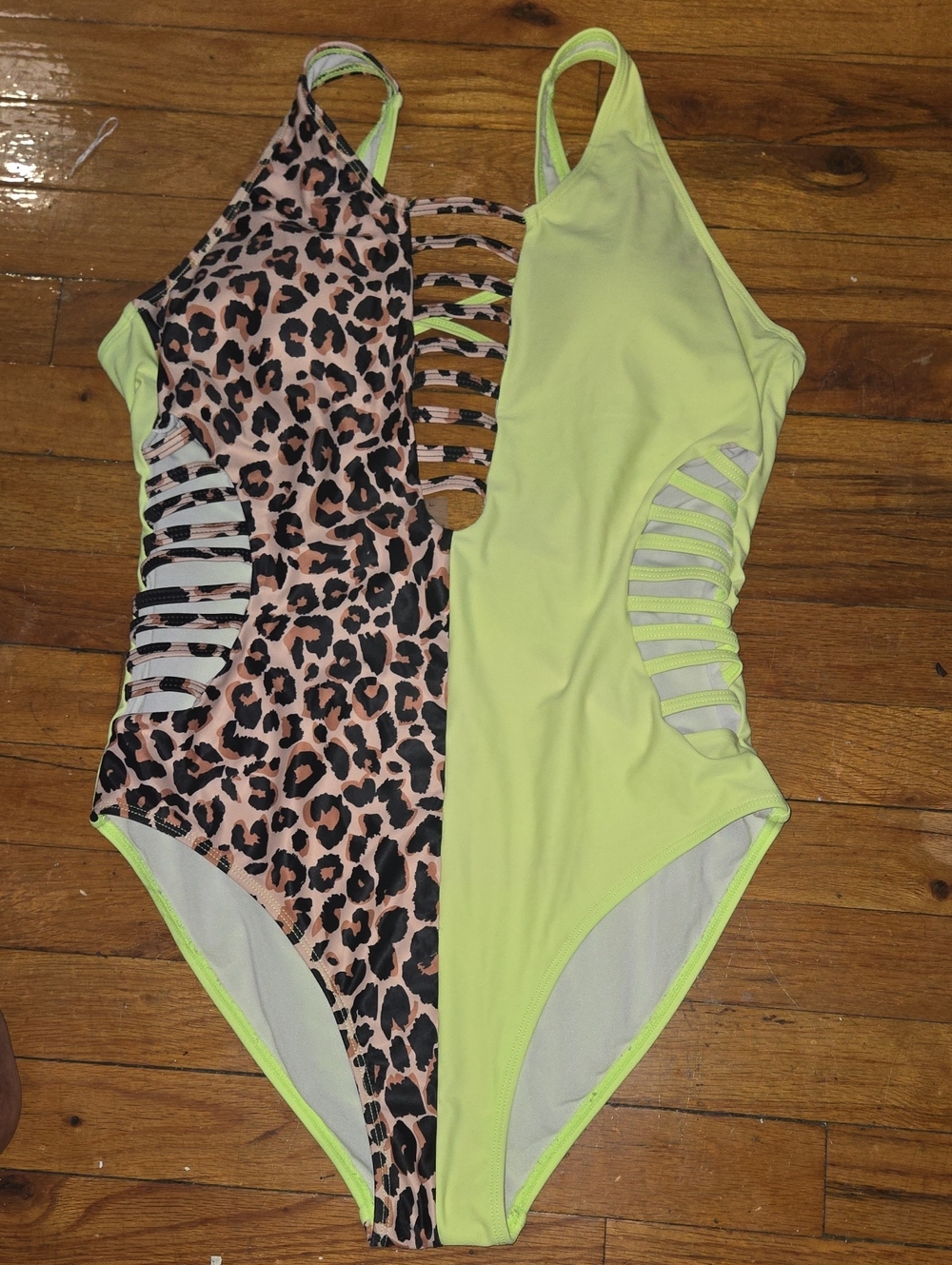 Women’s Neon Lime & Leopard One-Piece Swimsuit with Strappy Cutouts